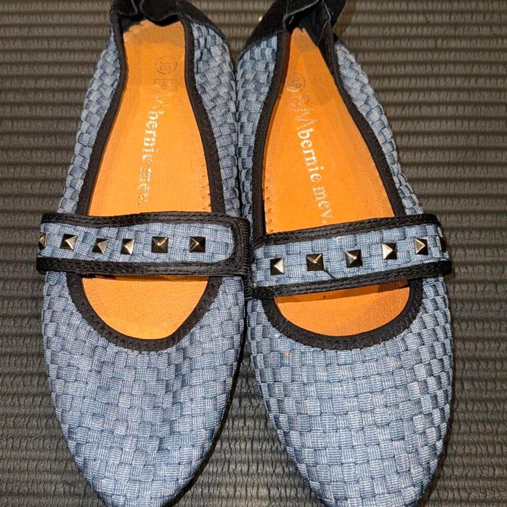 Blue and black weaved texture mary janes with studs